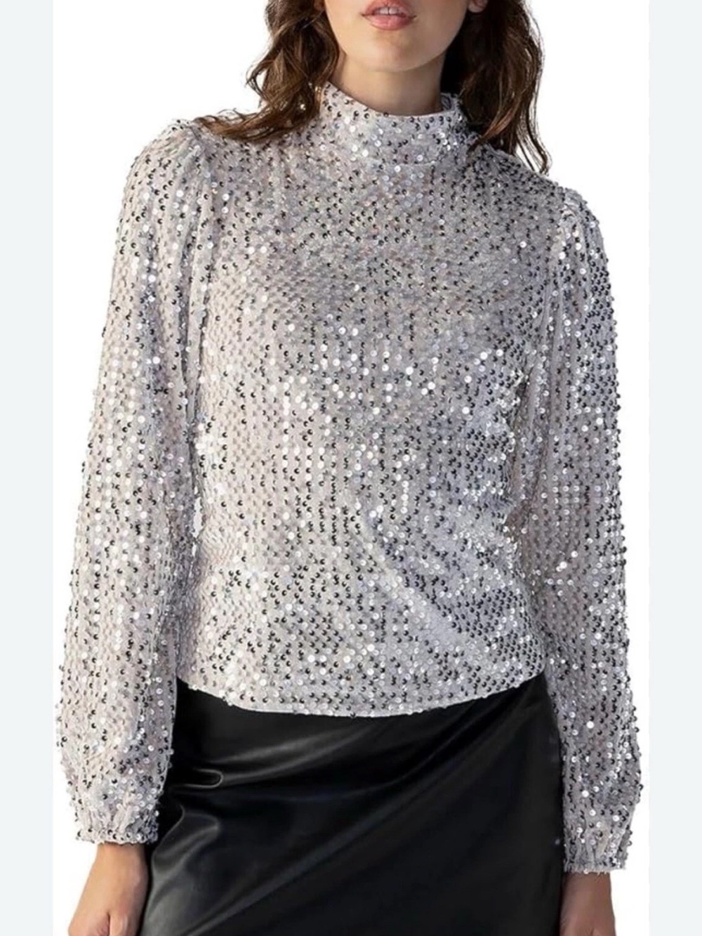 Sanctuary Silver Sequin Mock-Neck Long-Sleeve Top